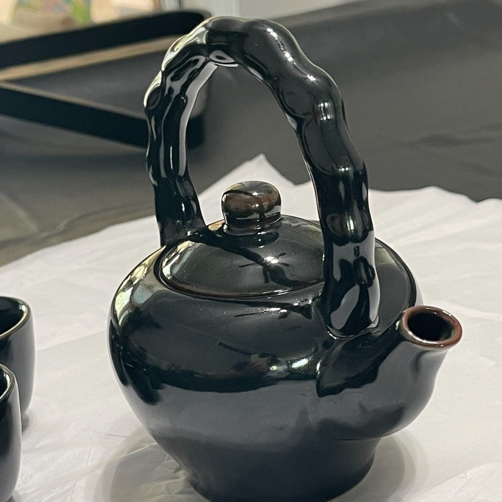 Crate and barrel Elegant Black Ceramic Teapot Set NIB